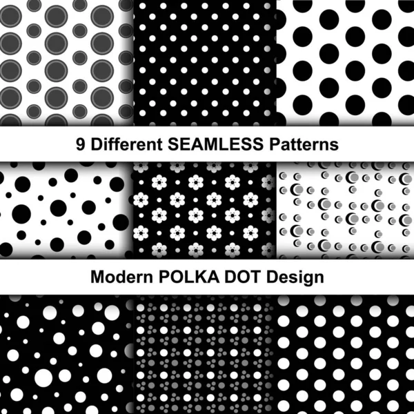 Set Van Creatieve Monochrome Patronen Met Polka Dot Floral Design — Stockvector