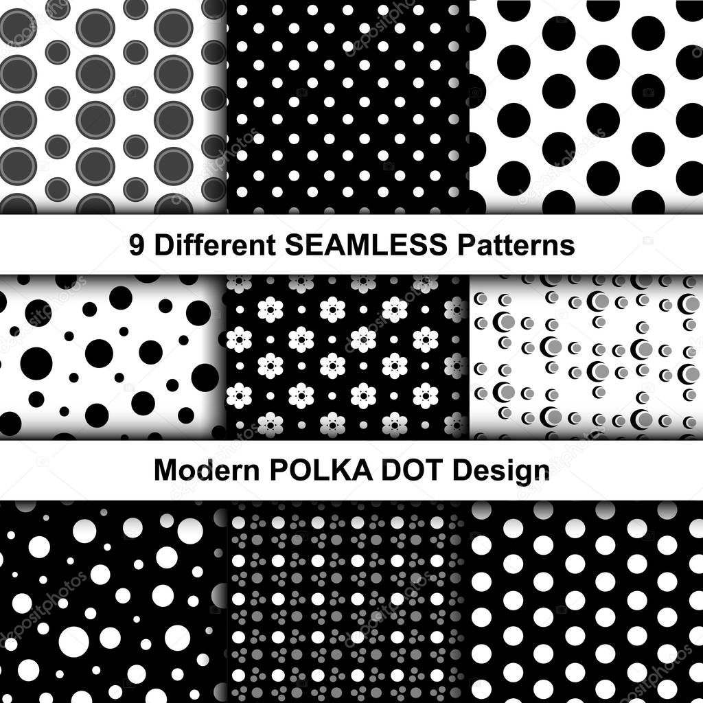 Set of Creative Monochrome Patterns with Polka Dot & Floral Design. Vector Illustration