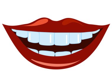Sağlıklı Dişli Kırmızı Gülen Dudaklar. Diş Bakımı ve Güzellik Konsepti. Vektör Resimleri Beyaz Arkaplanda İzole Edildi