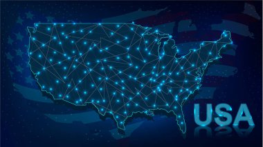 Usa Dijital Haritası ve Neon Aydınlatılmış Işıklar Mavi Arkaplanda Çizgili Ulusal Amerikan Bayrağı. Vatanseverlik ve Geleneksel Tatil Konsepti. Vektör İllüstrasyonu