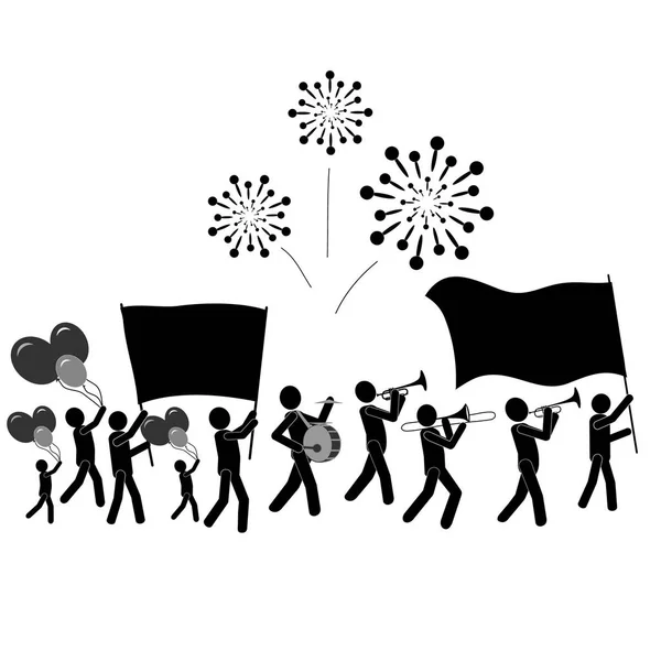 Crowd People Flags Pacards Balloons Salutes Music Parade Stick Figure — 스톡 벡터