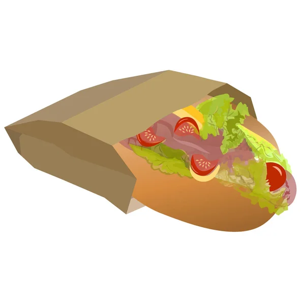 Hot Dog Sandwich Sacul Hârtie Takeaway Izolat Fundal Alb Vector — Vector de stoc