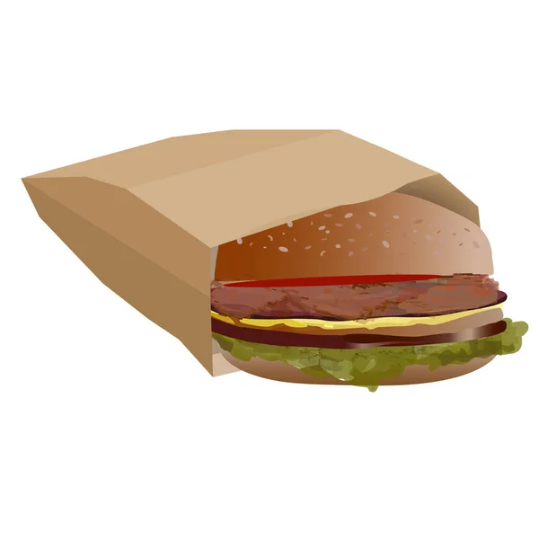 Realistický Cheese Burger Papírovém Sáčku Izolovaný Bílém Pozadí Vektorová Ilustrace — Stockový vektor