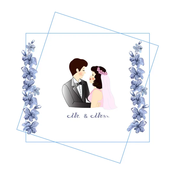 Bride Bridegroom Together Flat Design Vector Illustration Floral Frame — Stockvektor