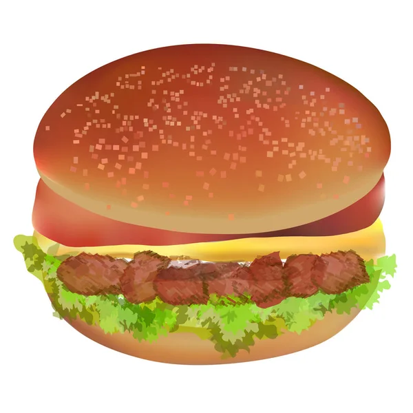 Realistic Burger Meat Salad Cheese Isolated White Background Vector Illustration — Stockový vektor