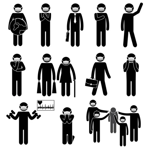 Coronavirus Spreading Prevention Businessmen Workers Wearing Face Masks Stick Figure — Stock Vector