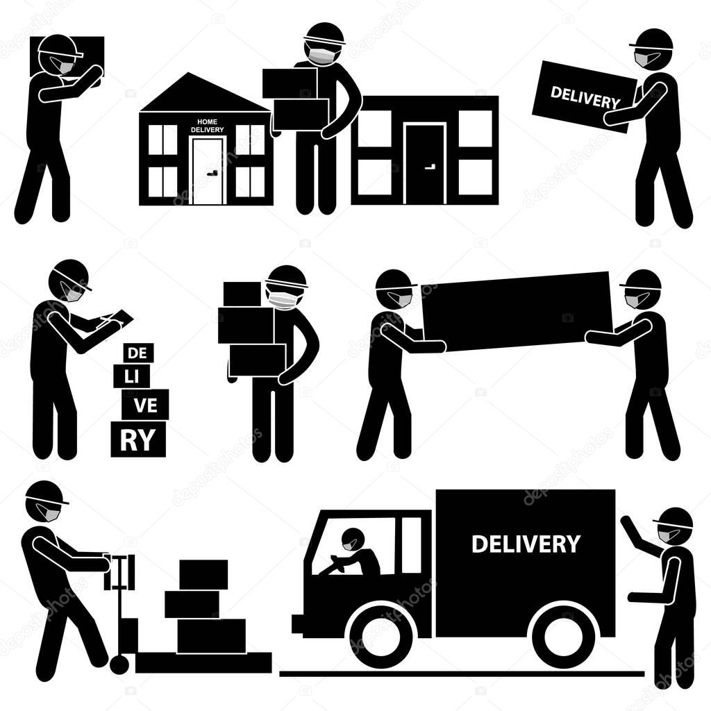 Covid-19 Pandemic. Courier in Face Mask with Parcels. Delivery Service Concept. Stick Figure Pictogram Icon. Vector Illustration