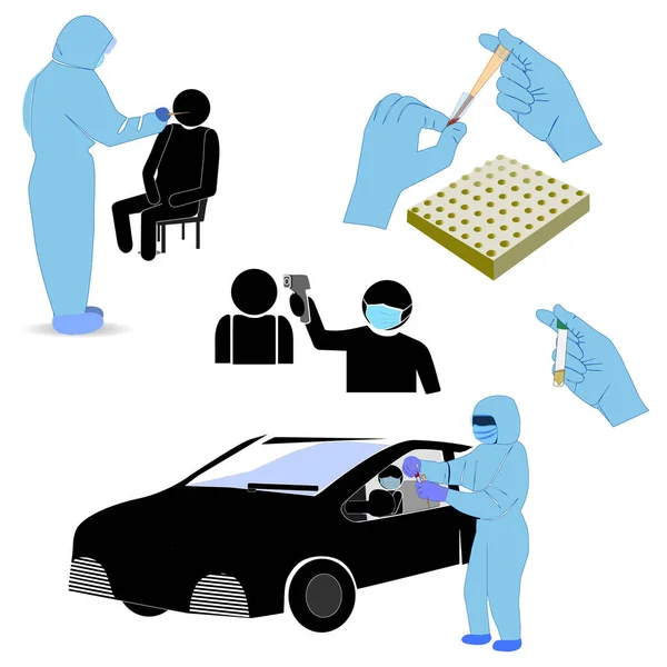 Covid Pandemic Car Examination Patient Testing Stick Figure Pictogram Icon — Stock Vector