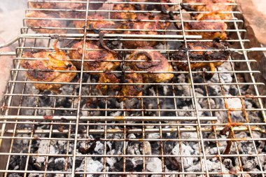 Izgarada barbekü pişiriyorum. Şiş kebap, domuz budu ve soğanla marine edilmiş soğan kömürün üstünde yakın plan, kömürden yayılan dumanla yakın plan.