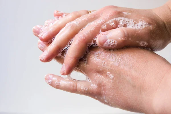 Igiena Protecția Mâinilor Împotriva Virușilor Coronavirus Bacteriilor Care Utilizează Săpun — Fotografie, imagine de stoc