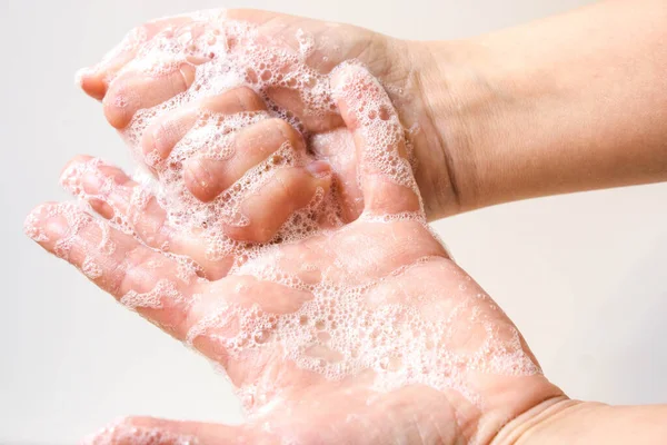 Igiena Protecția Mâinilor Împotriva Virușilor Coronavirus Bacteriilor Care Utilizează Săpun — Fotografie, imagine de stoc
