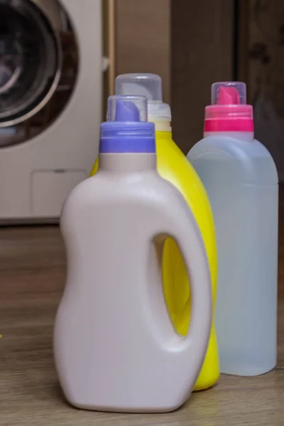 Means Washing Washing Machine Laundry Gels Rinses Bottles Different Colors — Stock Photo, Image