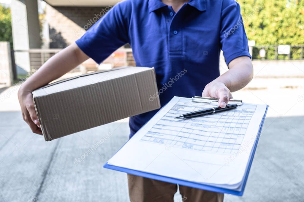 Delivery man deliver box parcel package and clipboard documents 