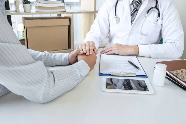 Hand Doctor Touching Patient Reassuring Encouragement Empathy Support While Medical — Stock Photo, Image