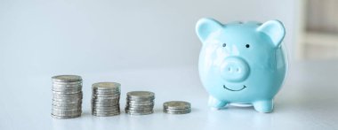 Gelecekteki seyahat, eğitim, yatırım ve emeklilik planlama fonu için büyüyen tasarruf stratejisinin planlanması için domuz kumbarası ve yığın para imajı.