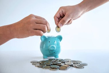 Domuzcuk banka planına para yatıran el resmi. İlerideki seyahat, eğitim, ev ve emeklilik planlama fonu için para kutusu ile strateji geliştirmek için para biriktirme..