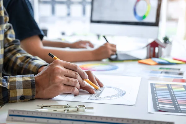 Diseño Equipo Del Joven Diseñador Gráfico Interiores Proyecto Casa Trabajo — Foto de Stock