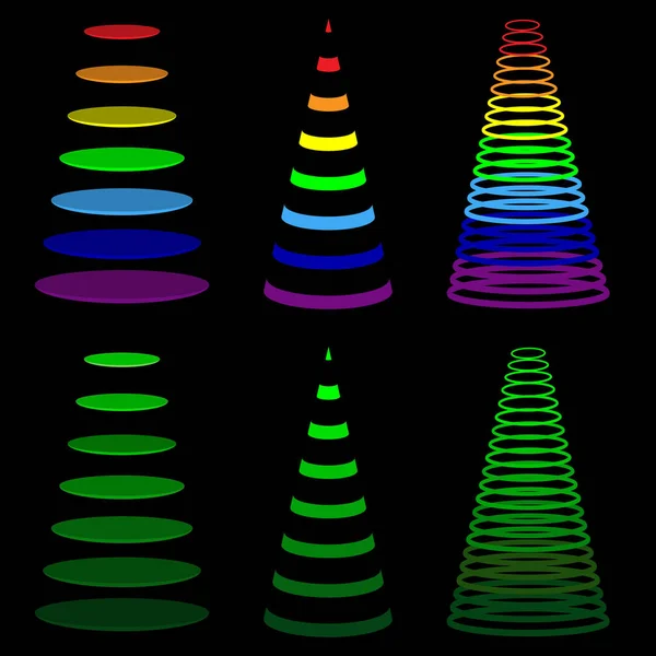 Diskler, çizgiler ve yüzüklerden oluşan soyut koniler. Yeşil ve gökkuşağı Noel ağaçları