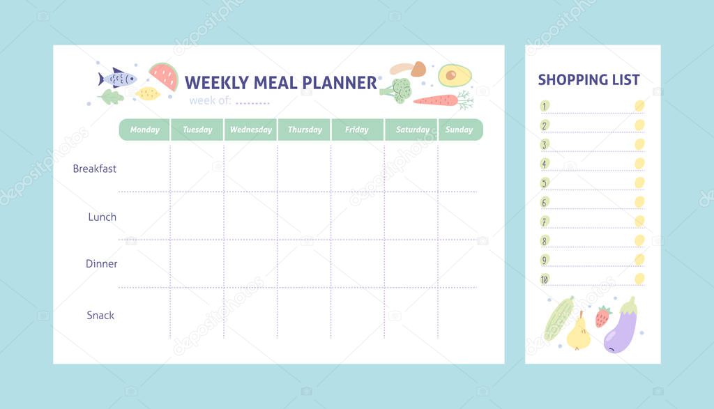 Weekly meal planner and shopping list for organize. Healthy meal plan for diet and food. Vector Printable Template.