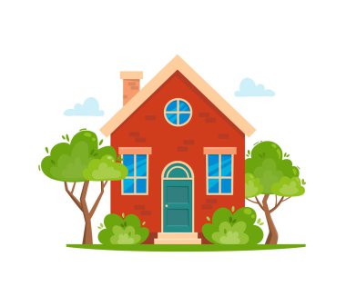 Beyaz arka planda izole edilmiş havalı detaylı kırmızı ev simgesi. Vektör illüstrasyonu.