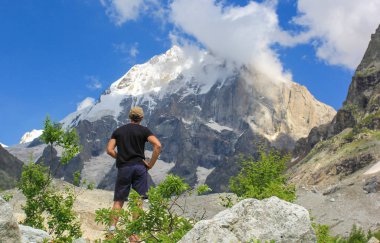 Gürcistan 'ın Kafkasya Dağları' nın arka planındaki Alp çayırlarındaki parlak çiçekler