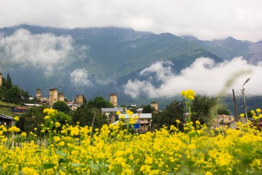 Gürcistan 'ın Svaneti kentindeki Ushguli antik dağ yerleşiminin Millennial Kuleleri