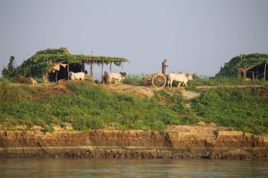 Irmağın kıyısındaki köylüler Mandalay yolunda İrrawaddy