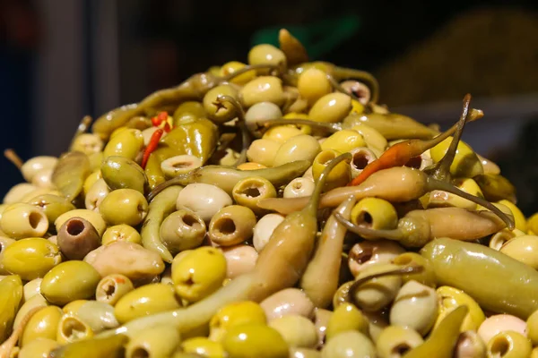 A bunch of olives on the counter of the Moroccan market — 스톡 사진