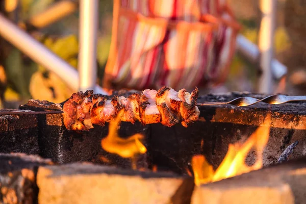 A carne em um espeto frita-se em um churrasco — Fotografia de Stock