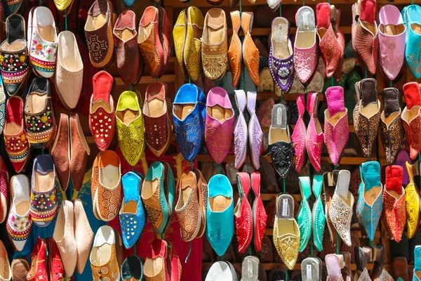 Multicolored traditional handmade shoes at the Moroccan oriental