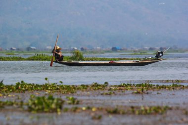 Inle Gölü Balıkçısı bir kanoda kürekle