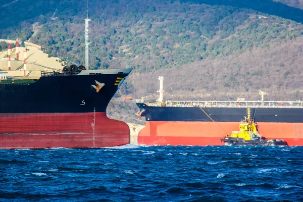 Meeting of two large oil tankers in the bay of Novorossiysk