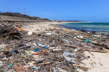 Büyük miktarda plastik çöpü bir Asya plajına atmışlar. Büyük miktarda plastik çöpü bir Asya plajına atmışlar. Plastik çöpleri denize atmanın sonuçları.