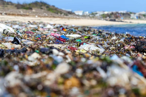 Closeup Plastic Trash Sandy Beach Tropical Sea Ecological Problem Garbage — Stock Photo, Image