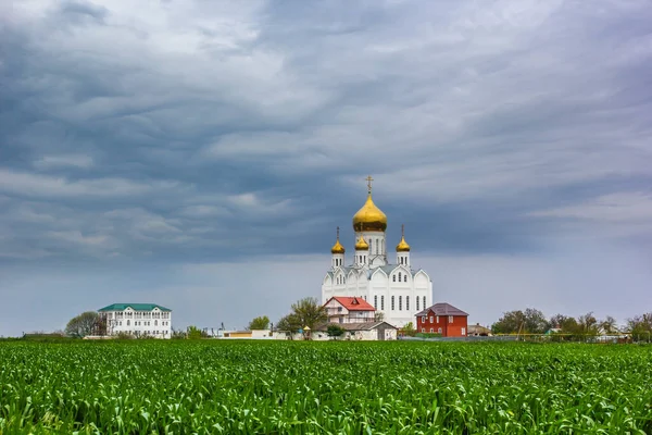 春の穀物畑や雷雲を背景にした正統派教会 ロイヤリティフリーのストック画像