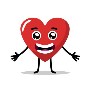 Sevimli bir kalp karakteri, kocaman gülümseyen bir yüzü ve açık kollu bir vektörü var. düz dizayn