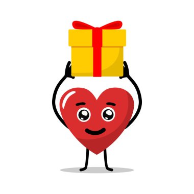 Sevimli karakterler büyük gülümsemeli kalbi sever hediye vektörünü kaldırır. düz dizayn