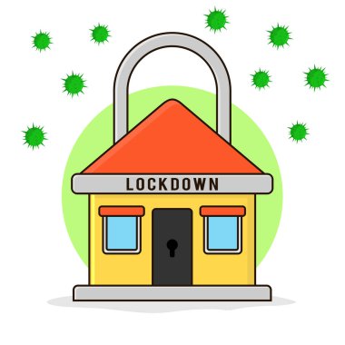 COVID-19 'un yayılmasını önlemek için kilit ve sosyal mesafeler. Evde kalarak Coronavirus salgınını durdurun. & Sosyal uzaklık illüstrasyon, ev ve asma kilit düz tasarım poster, broşür, afiş, etiket