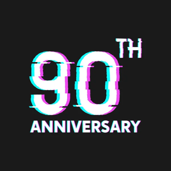 90Th Years Anniversary Logo Glitch Effect Style Vector Banner Poster — Stock Vector