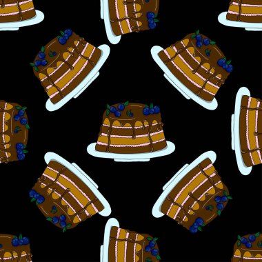 Sevimli, pürüzsüz desen. Vektör el çizimi pasta simgeleri. Şerbetli ve yaban mersinli çizim yapıyorum. Kahvaltı konsepti. Retro biçimi.