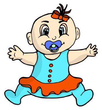 Emzik takmış yeni yürümeye başlayan bir bebek. Elle çizilmiş vektör çizimi ve stok. Doodle tarzı harfler.