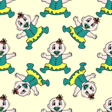 Güzel, pürüzsüz desen. Emzik takmış yeni yürümeye başlayan bir çocuk. Elle çizilmiş vektör çizimi ve stok. Doodle tarzı harfler.