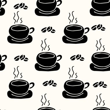 El yapımı eskiz tasarımı bar, restoran, kafeterya menüsü beyaz arka planda siyah kahve ve fasulye silueti..