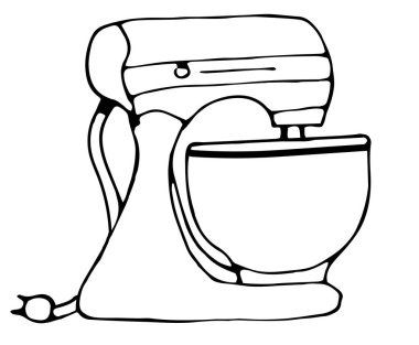 Mutfak mikseri siyah-beyaz, yiyecek konsepti, serbest çizim karalama. Mutfak ekipmanları için simge.