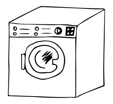 Çamaşır makinesi. Beyaz arkaplanda el çizimi çizimi çizimi.