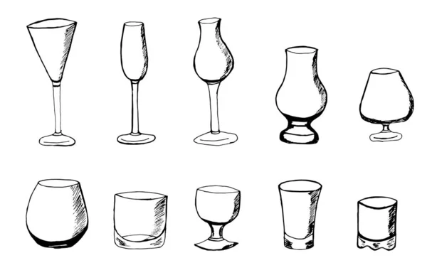 Óculos desenhados à mão. Design elegante para embalagem, lista de vinhos, menu, lista de coquetéis, boutiques de álcool, restaurante — Vetor de Stock
