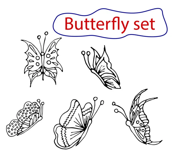Σύνολο φτερουγίσματα και όμορφες πεταλούδες και ζωγραφισμένα στο χέρι μοτίβο χρωματισμό. Vector doodle απομονωμένο σε λευκό φόντο. — Διανυσματικό Αρχείο