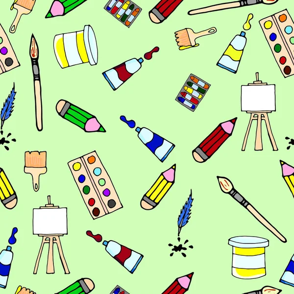 Seamless pattern. Artist's artistic tools. Set of tools for drawing, vector illustration, vector watercolor, designer accessories, brushes, easel, palette. — 스톡 벡터