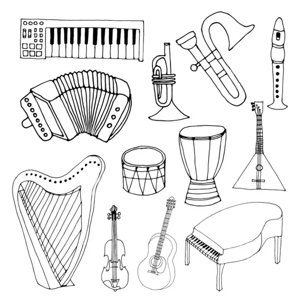 Eskiz tarzında büyük müzik aleti simgeleri seti