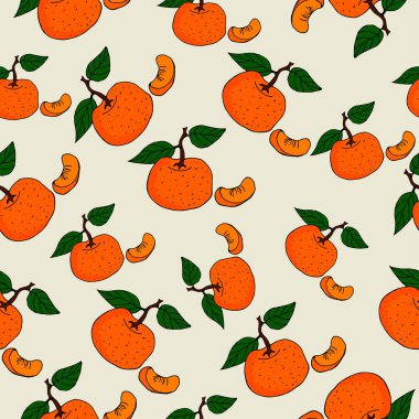 Pembe arka planda yaprakları ve mandalinaları olan kusursuz bir desen. Renkli vektör arkaplanı. Düz çizgi film biçimi.